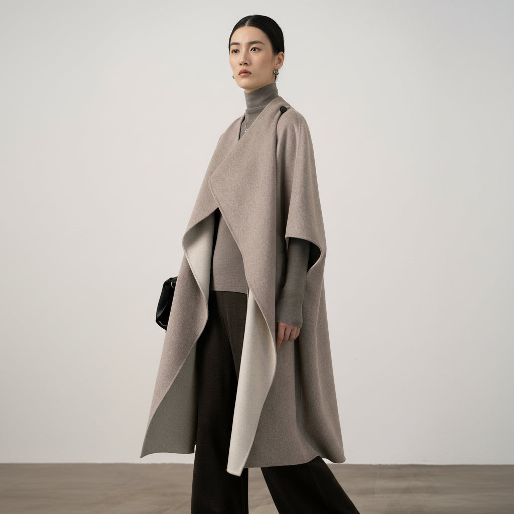 Silk-Wool Velvet Cloak - Double-Sided Drape, Sculptural Warmth