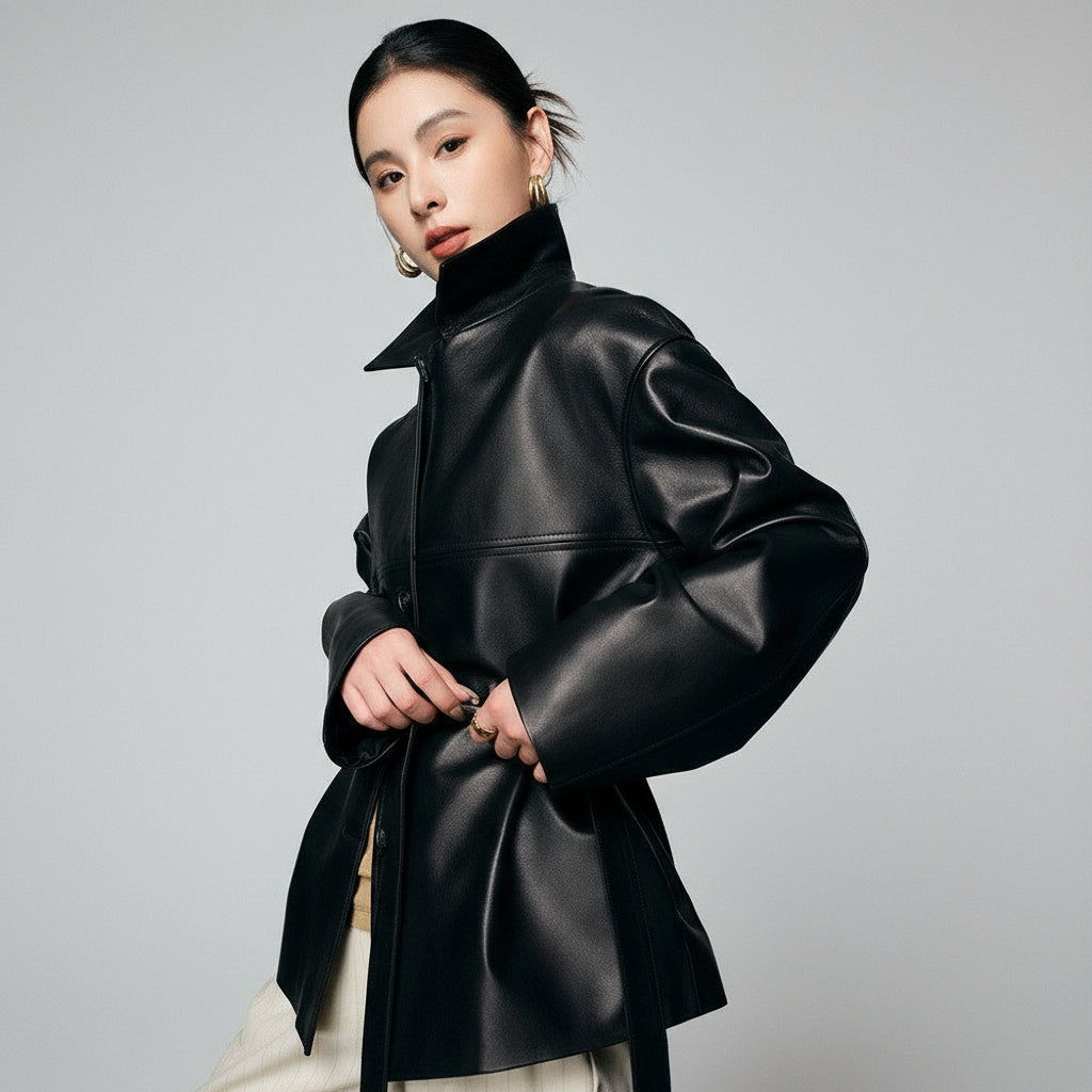Short Sheepskin Leather Trench Coat