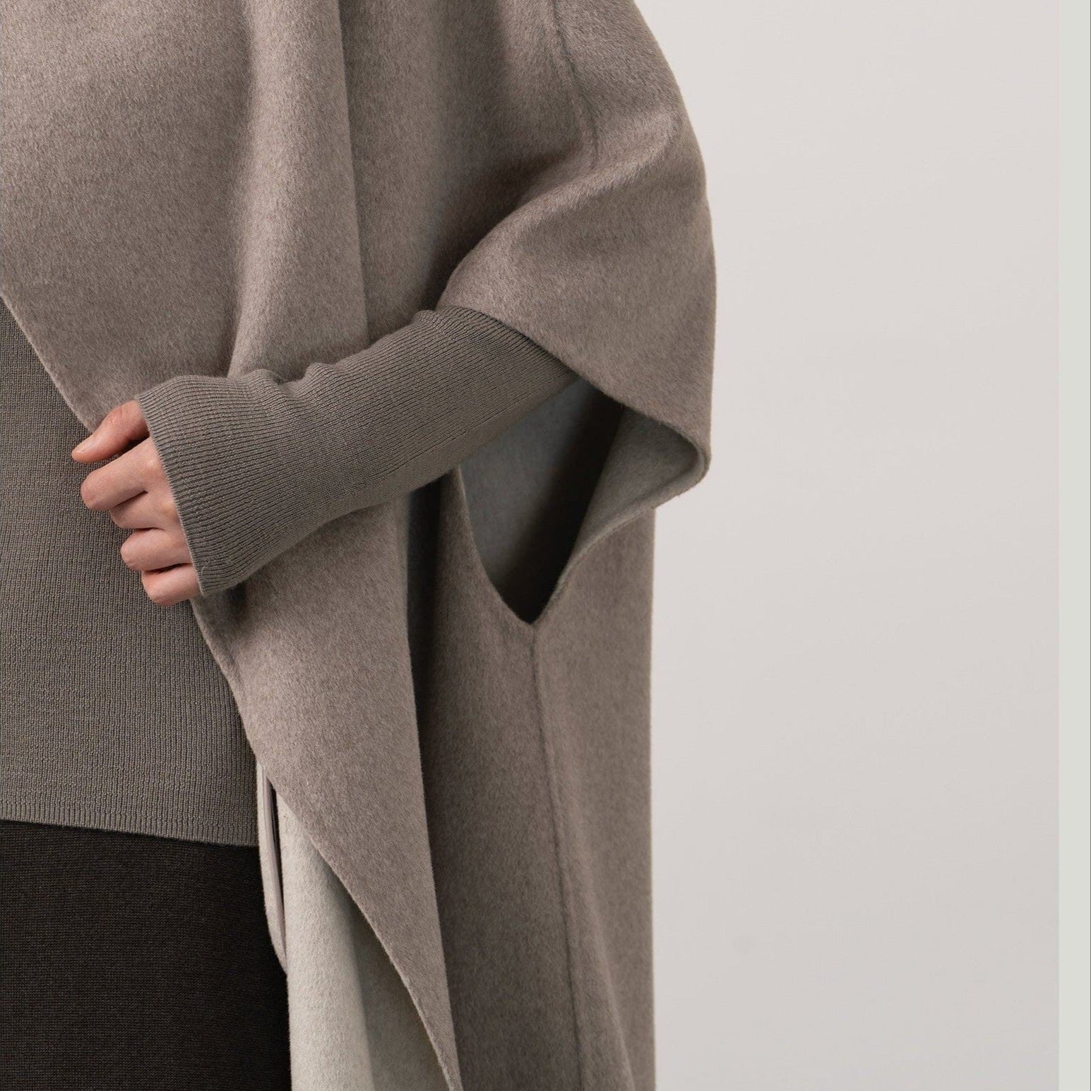 Silk-Wool Velvet Cloak - Double-Sided Drape, Sculptural Warmth