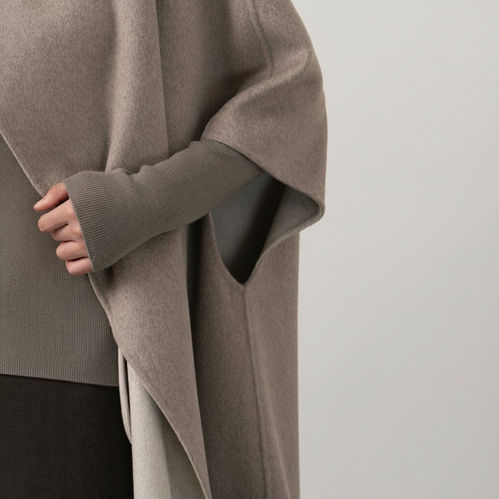 Silk-Wool Velvet Cloak - Double-Sided Drape, Sculptural Warmth