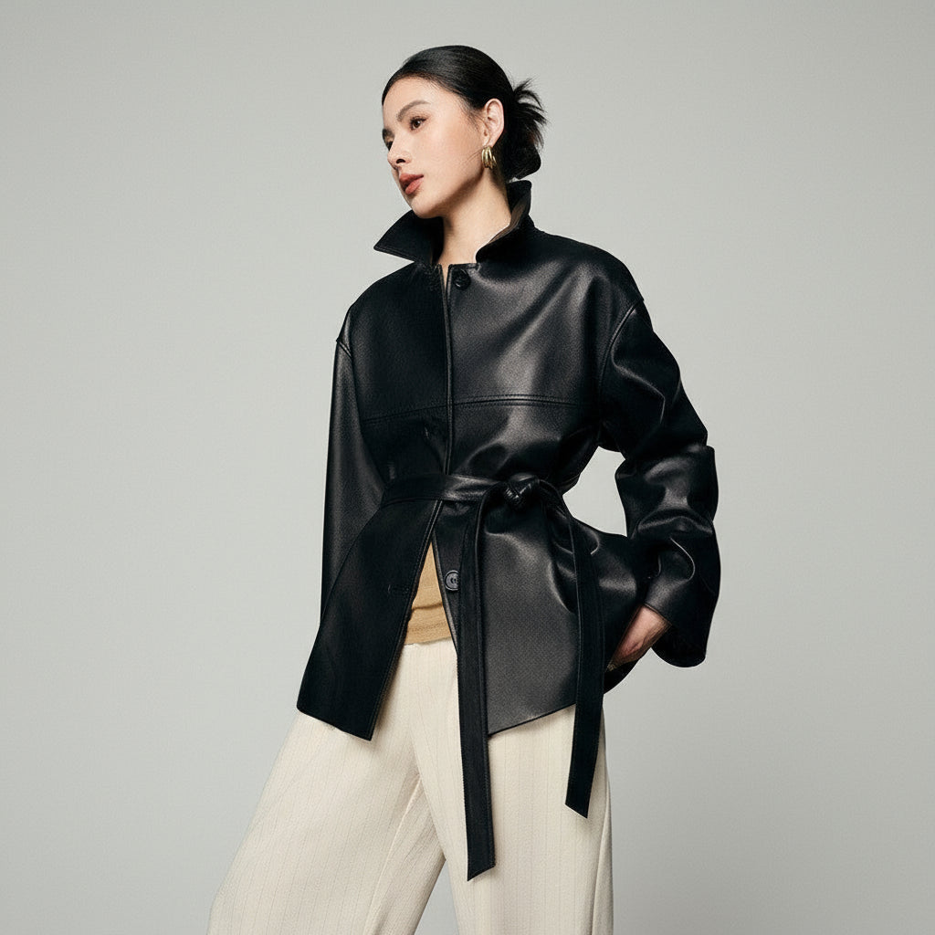 Short Sheepskin Leather Trench Coat