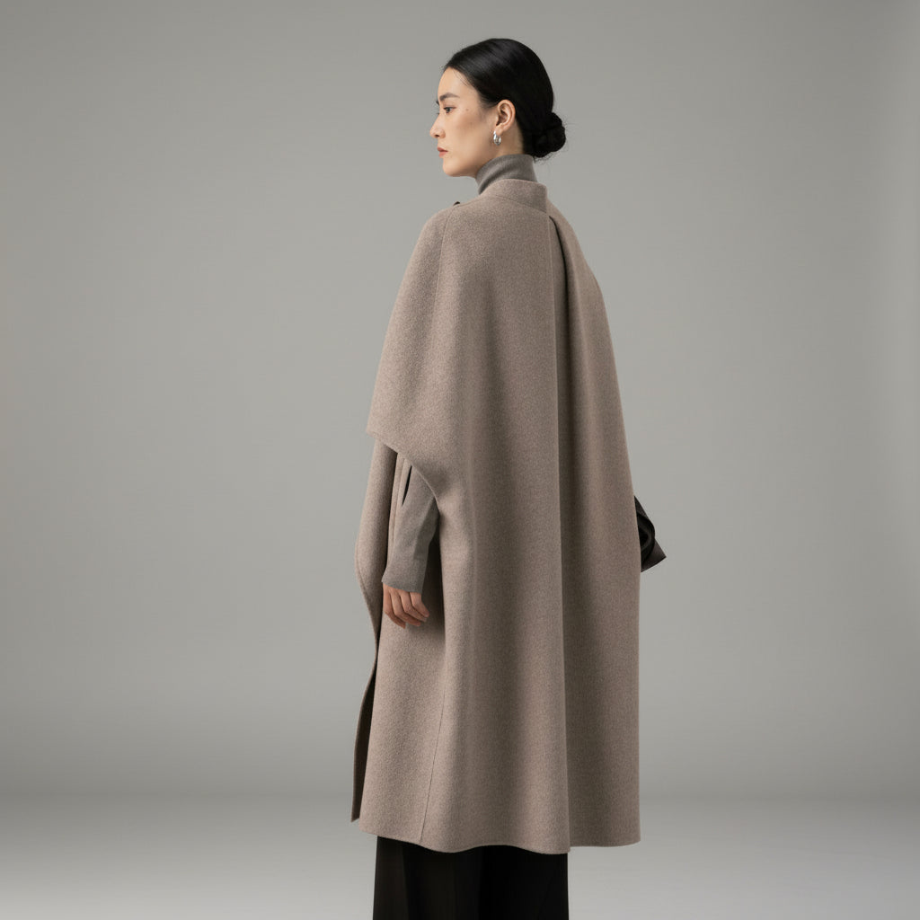 Silk-Wool Velvet Cloak - Double-Sided Drape, Sculptural Warmth