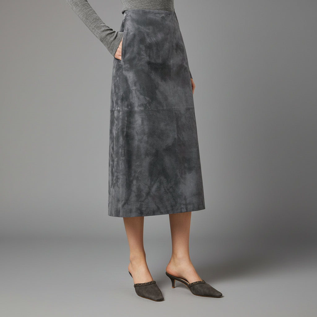Turkish Suede Sheepskin Blazer & Pencil Skirt - Sculpted Set in Dusted Blue
