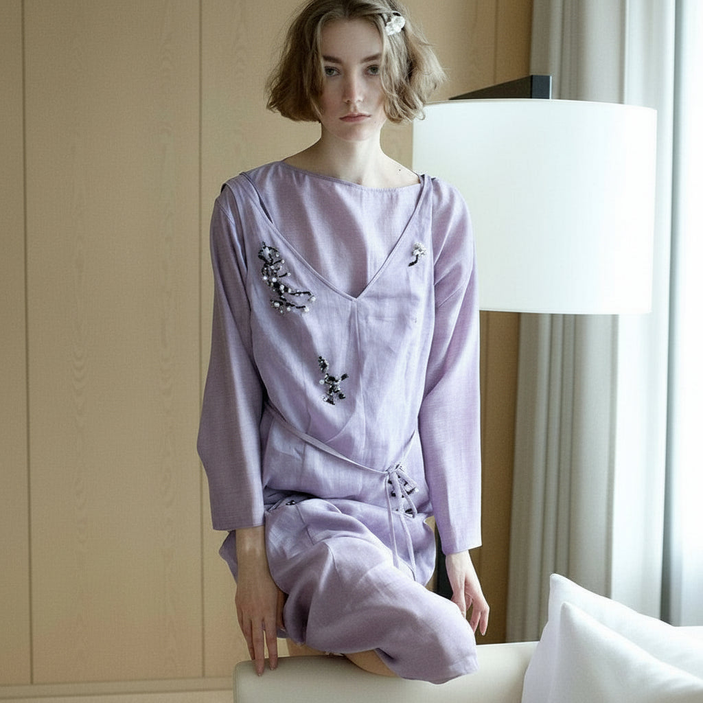 Hand Embroidered Lilac Ramie Dress