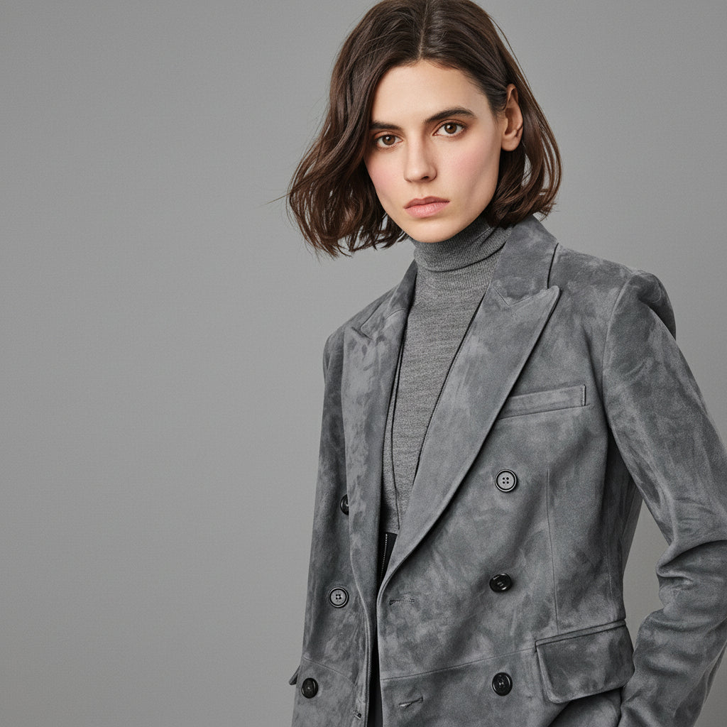 Turkish Suede Sheepskin Blazer & Pencil Skirt - Sculpted Set in Dusted Blue