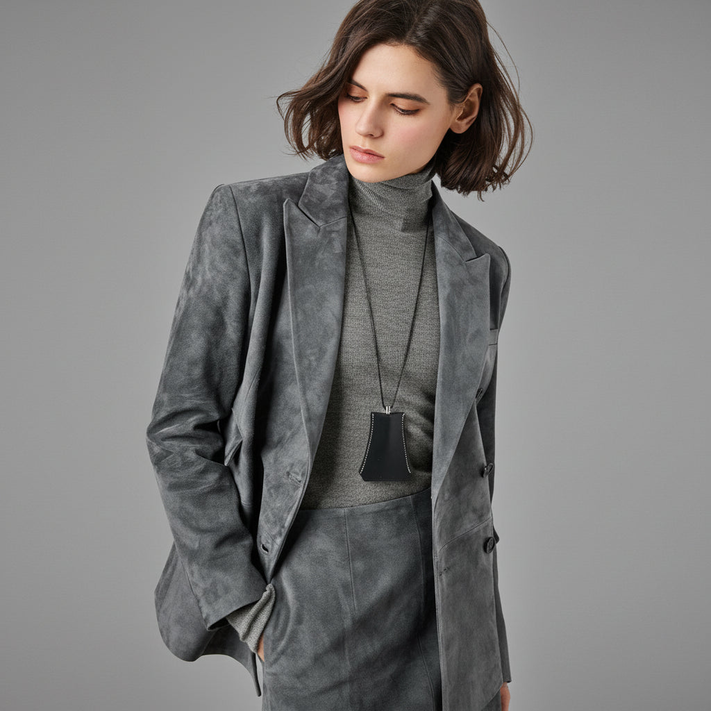Turkish Suede Sheepskin Blazer & Pencil Skirt - Sculpted Set in Dusted Blue