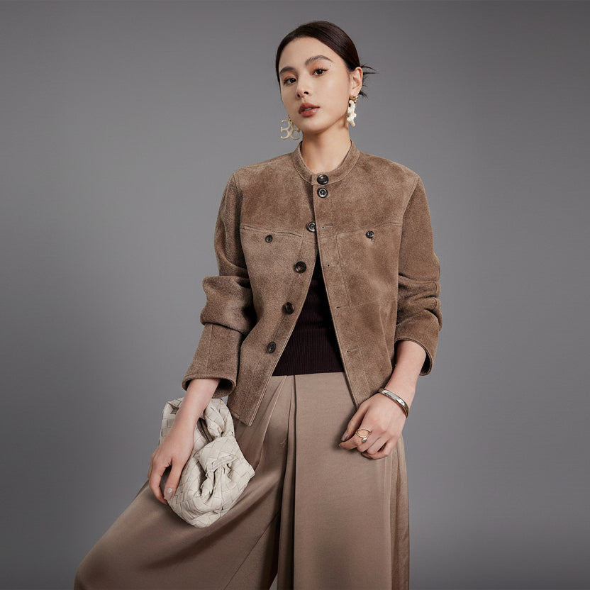 The Imported Suede Sheepskin Crop Jacket in Cafe Creme