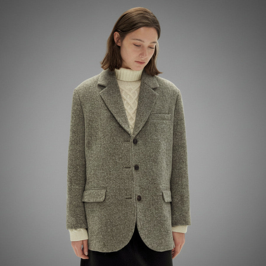 Imported Grey Wool Tweed Jacket - Relaxed Silhouette, Soft Tailoring
