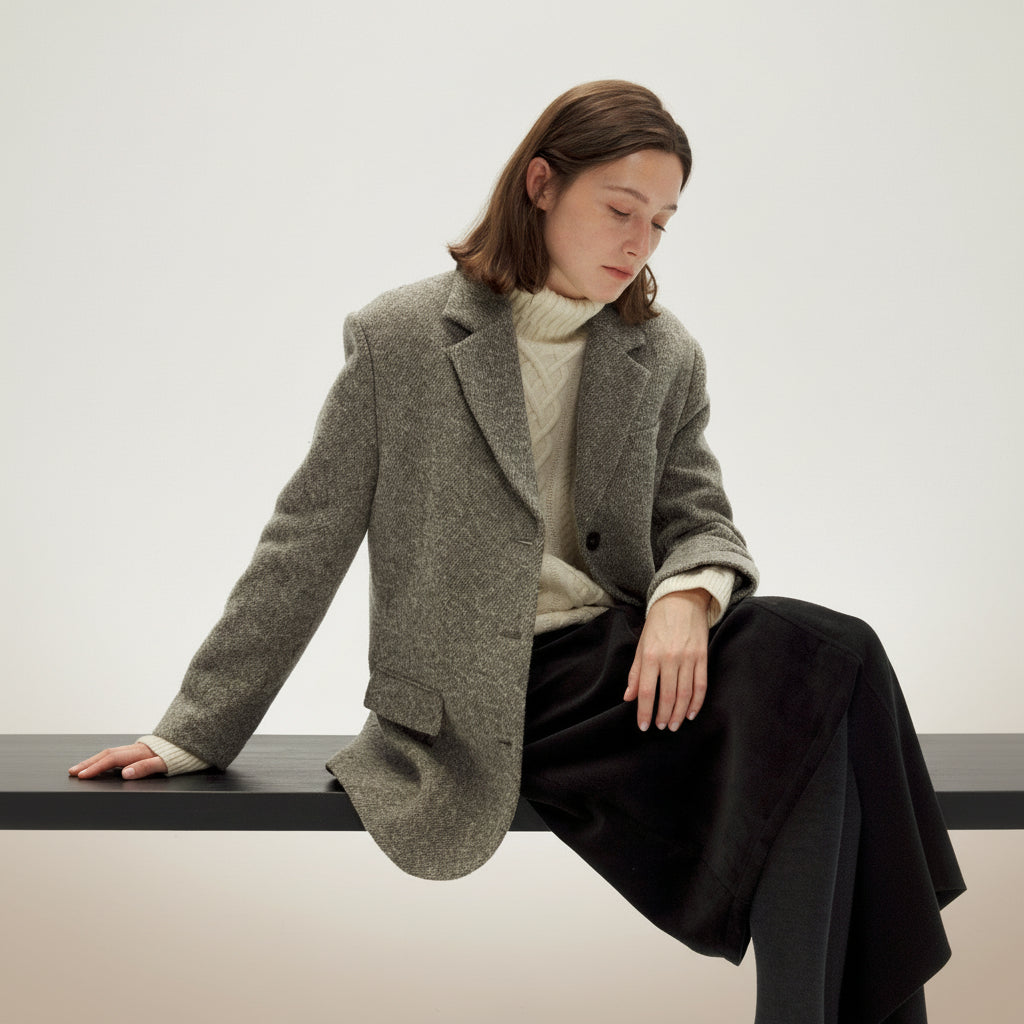 Imported Grey Wool Tweed Jacket - Relaxed Silhouette, Soft Tailoring