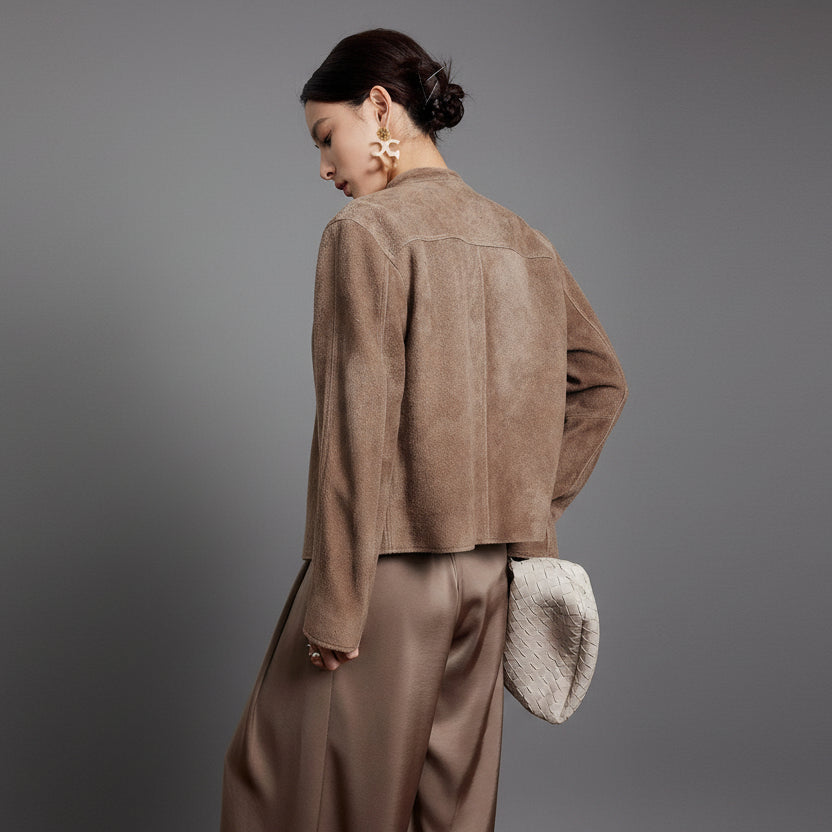 The Imported Suede Sheepskin Crop Jacket in Cafe Creme
