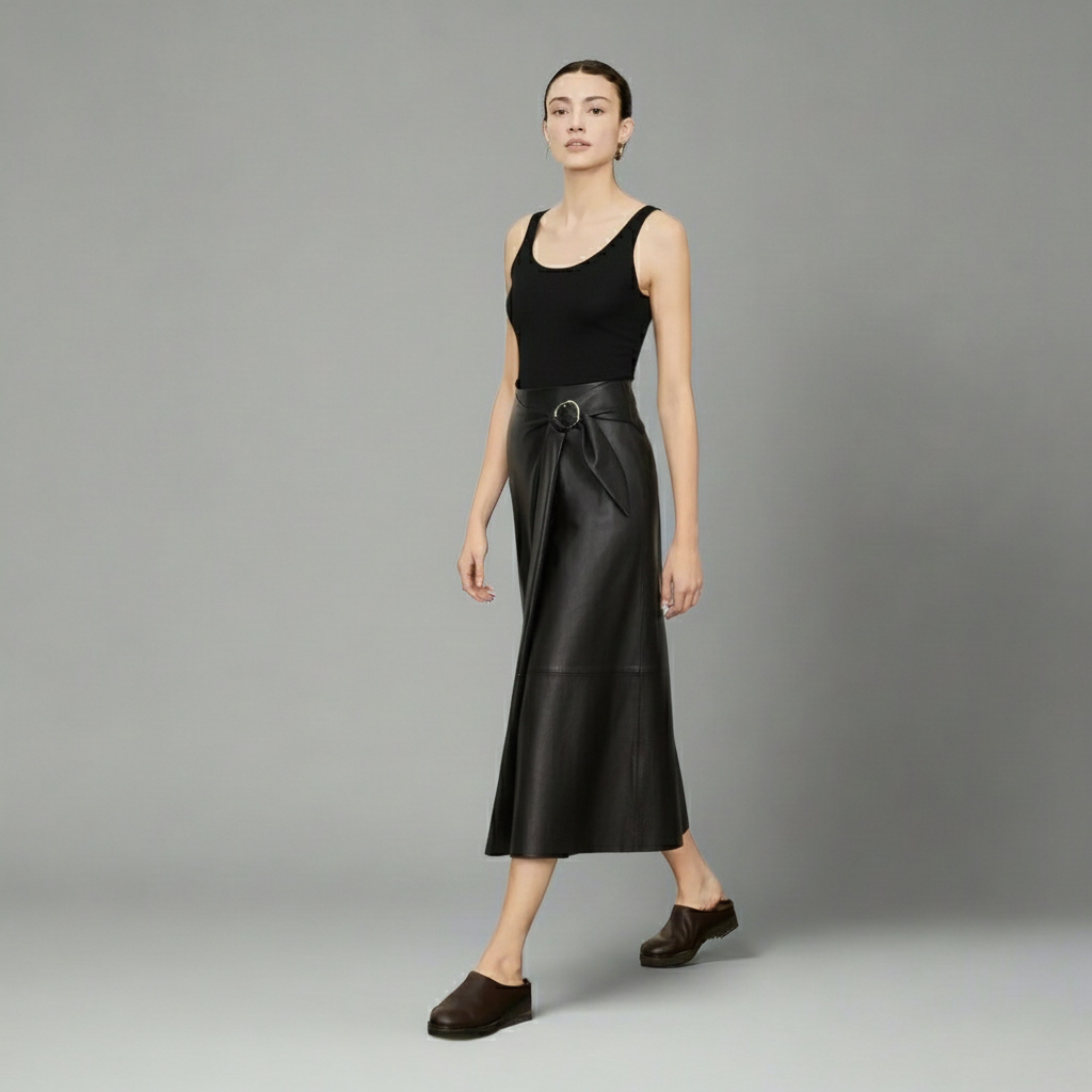Woman wearing a black sleeveless top and leather skirt on a gray background