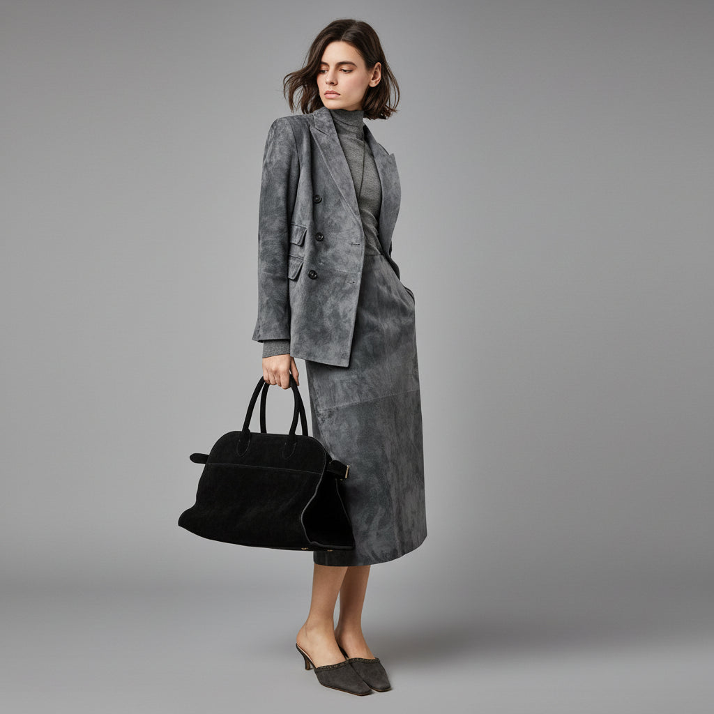 Turkish Suede Sheepskin Blazer & Pencil Skirt - Sculpted Set in Dusted Blue