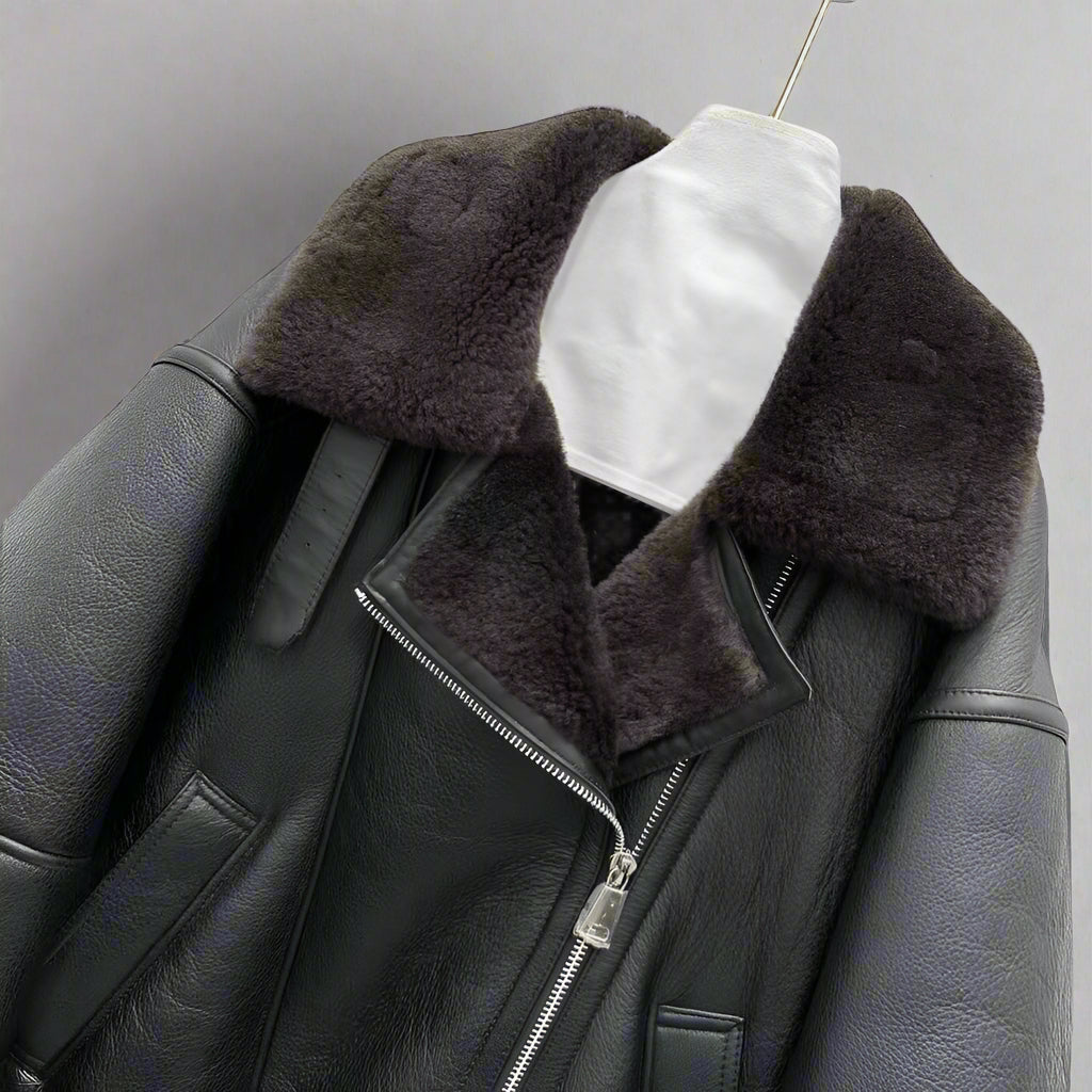 A close-up of the plush shearling jacket—warm leather jackt