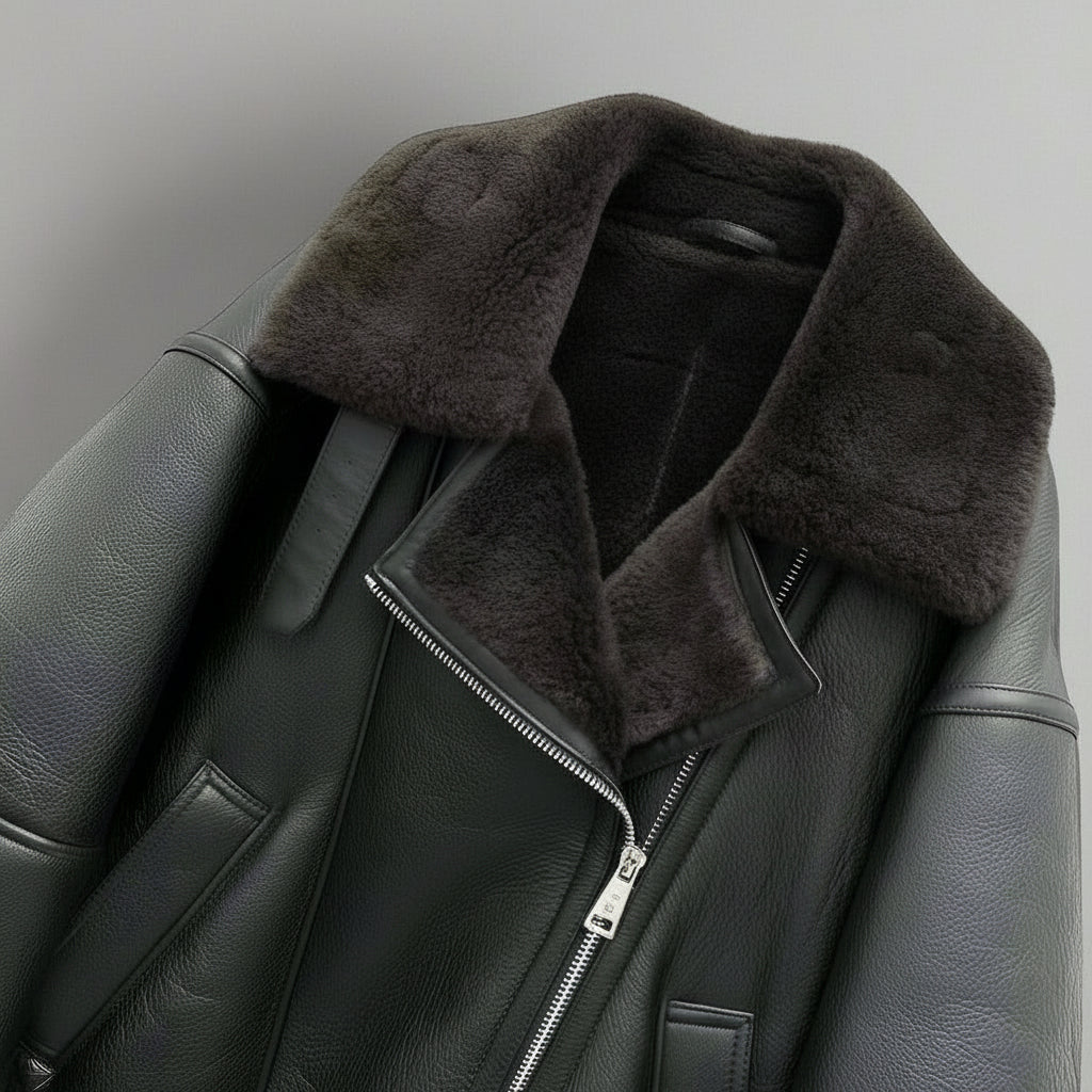 A close-up of the plush shearling jacket—warm leather jackt
