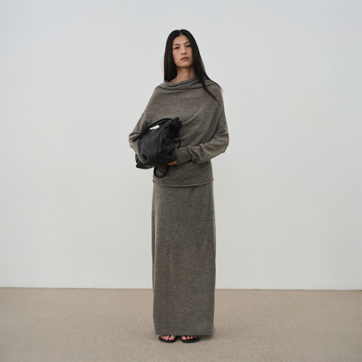 Oversized cowl neck sweater and long skirt set in brown, full-length front view on model