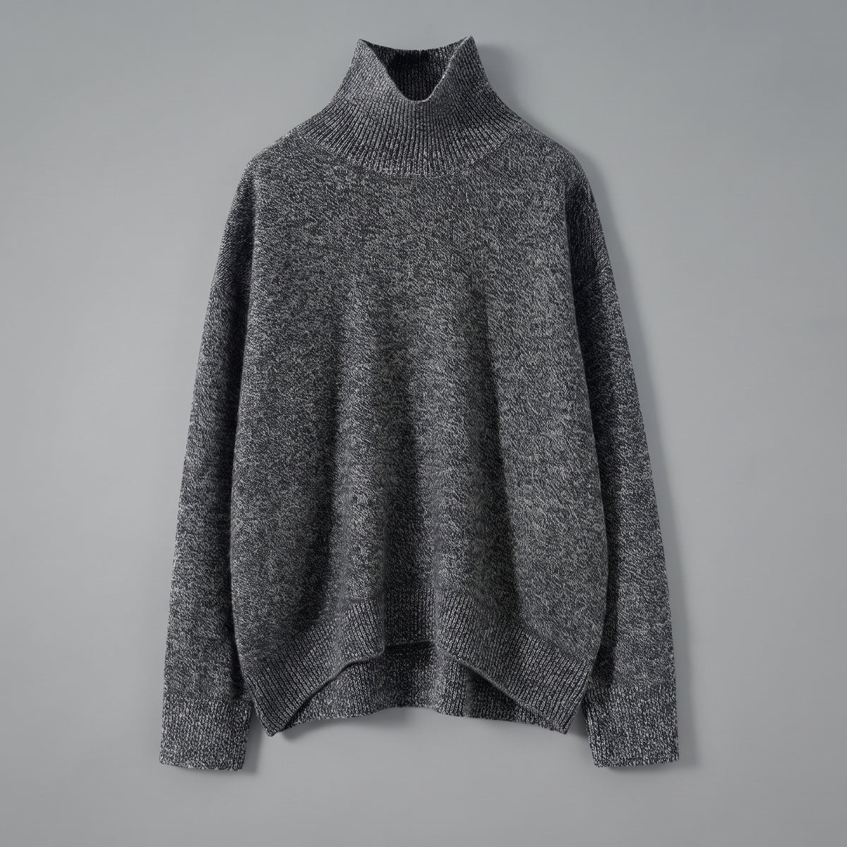 Charcoal grey flecked cashmere turtleneck sweater, front view, dropped shoulder