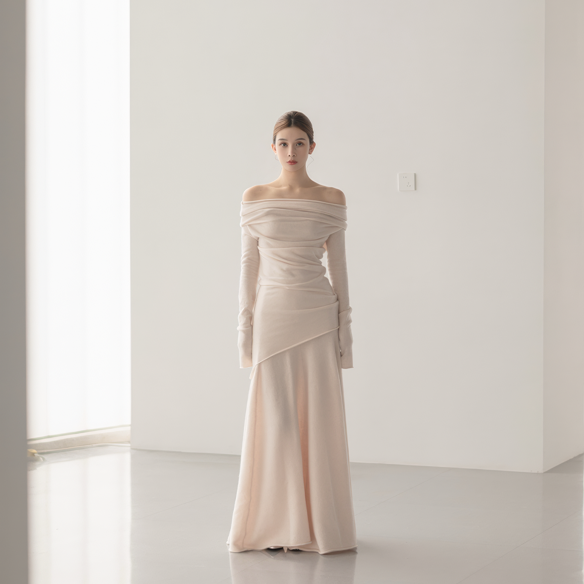 pale pink cashmere wool off-shoulder top and A-line skirt, full-length front view on model, arms at the sides