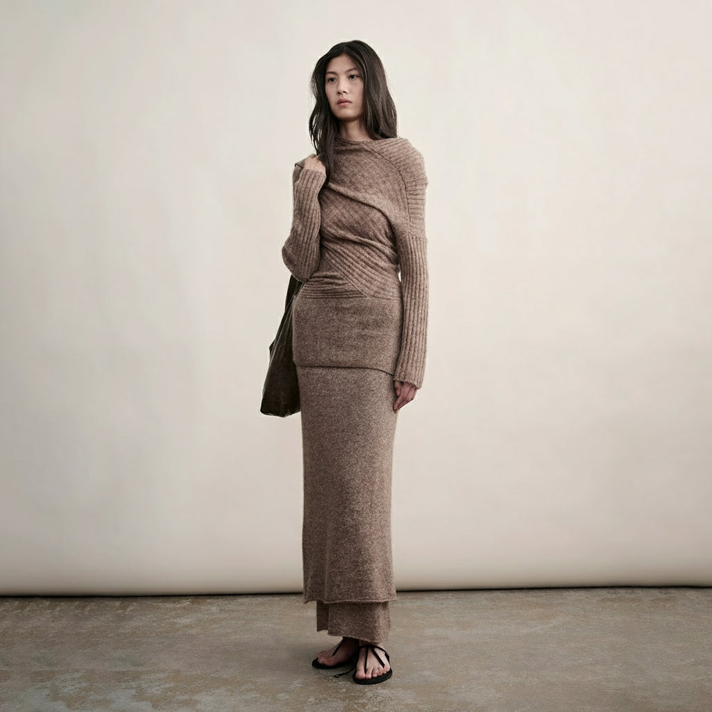 Fawn Asymmetrical Mohair & Lambswool Knit Skirt and Top
