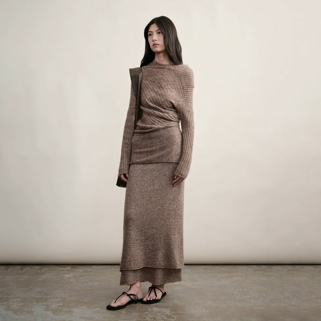 Fawn Asymmetrical Mohair & Lambswool Knit Skirt and Top