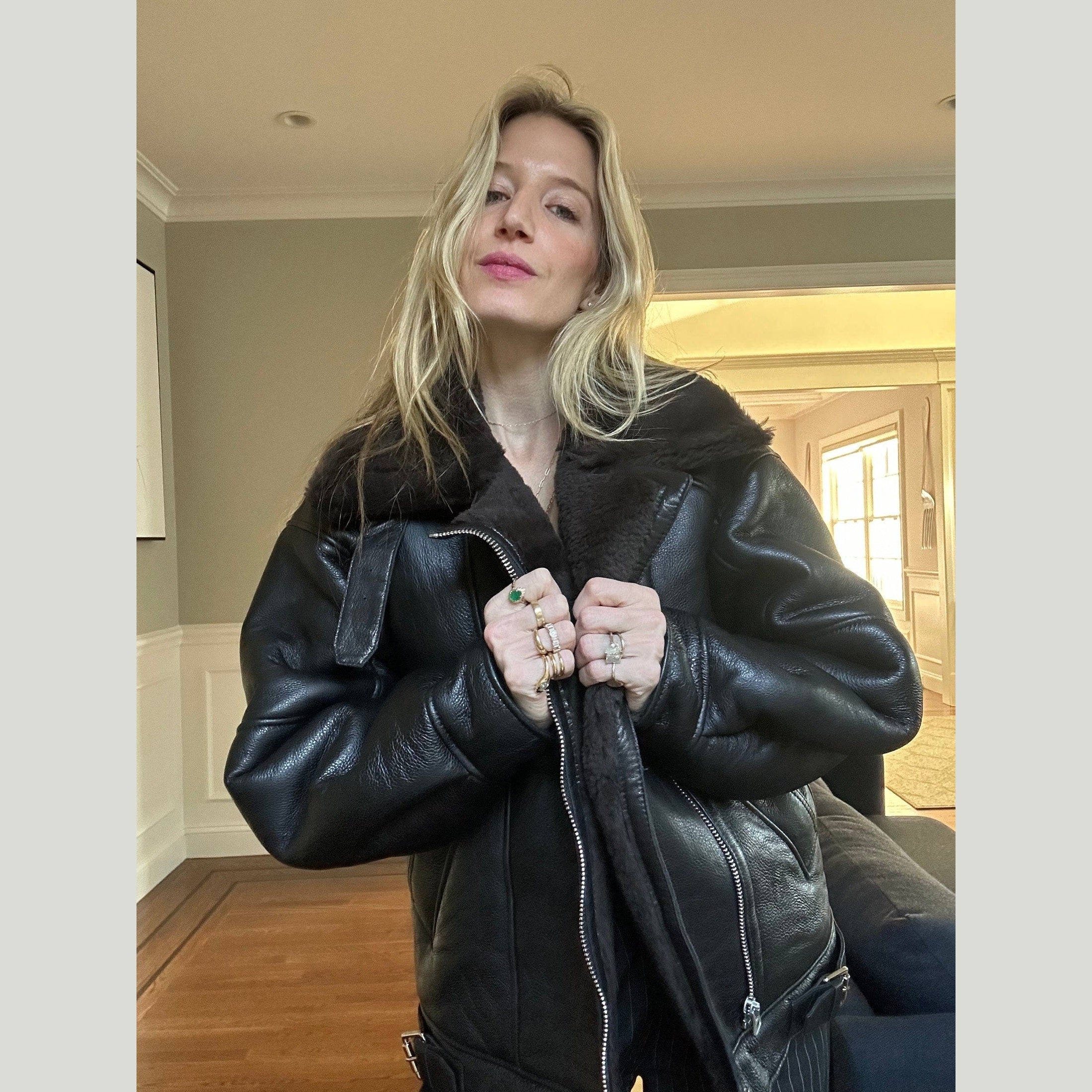 Oversized Plush Shearling Leather Bomber Jacket