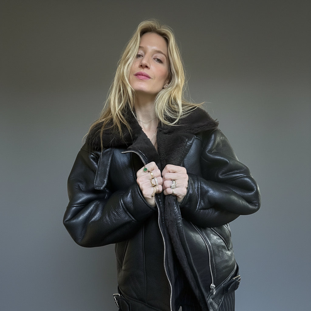 Oversized Plush Shearling Leather Bomber Jacket