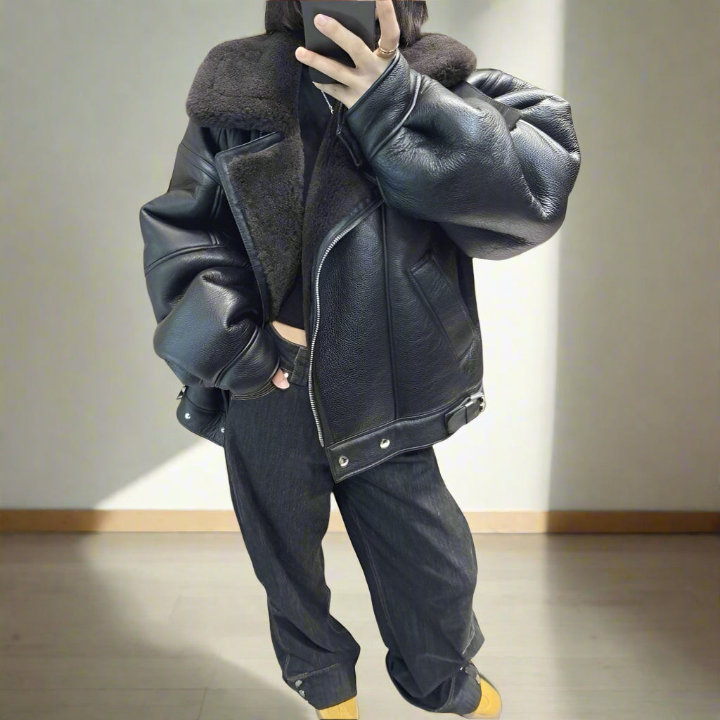 Oversized Plush Shearling Leather Bomber Jacket
