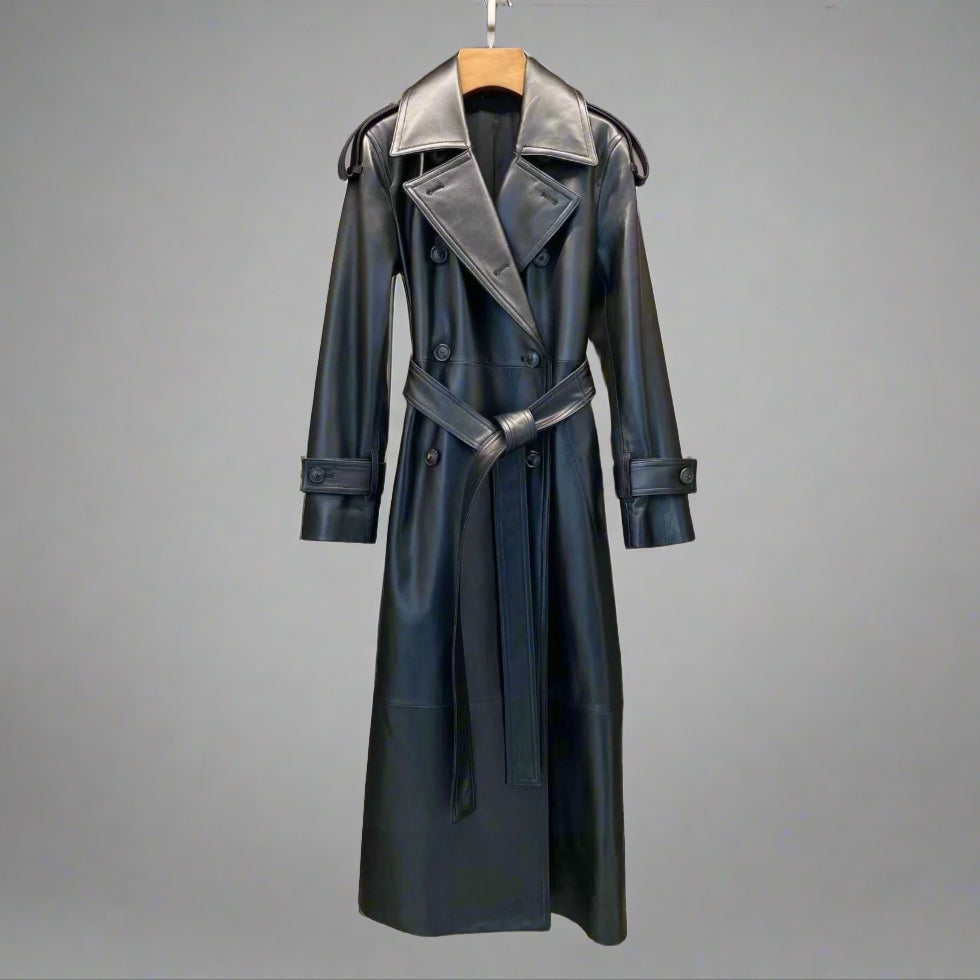 black leather trench coat