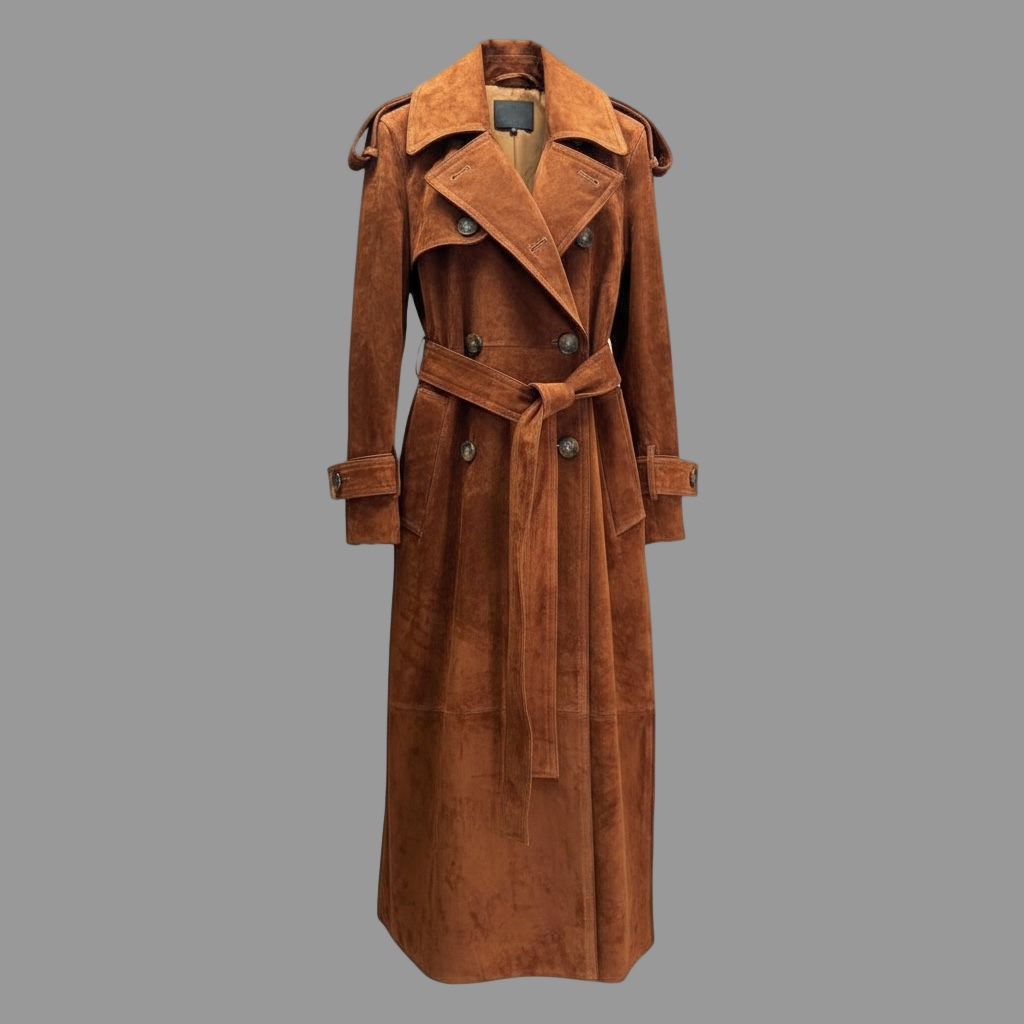 Italian Cinnamon Suede Trench Coat | Supple Elegance, Sculptural Details