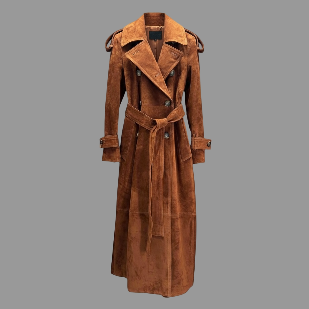 Italian Cinnamon Suede Trench Coat | Supple Elegance, Sculptural Details
