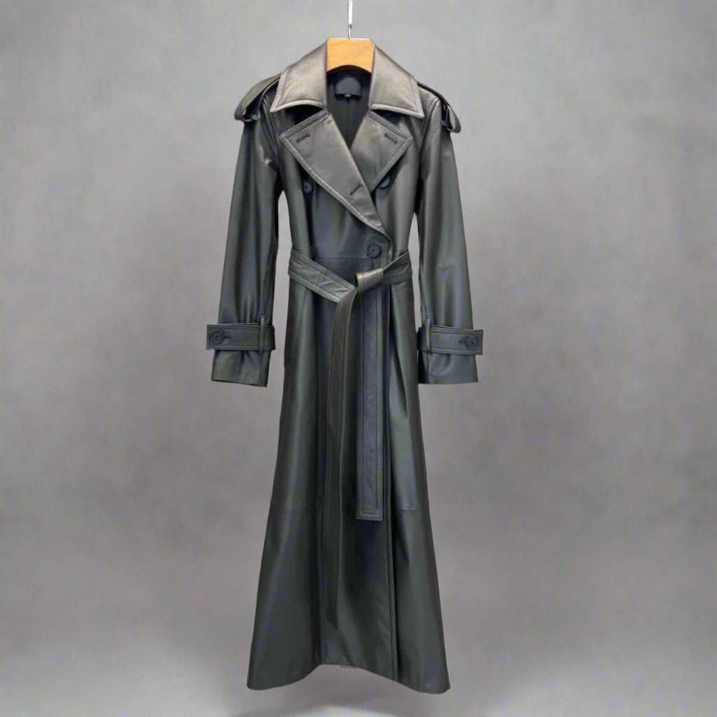 brown leather trench coat