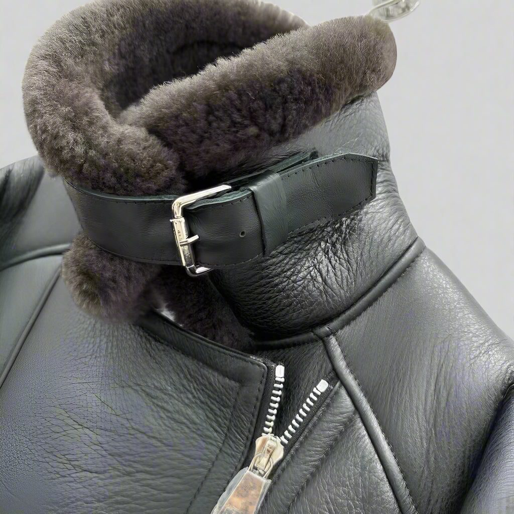 Closeup of our high quality warm leather jacket