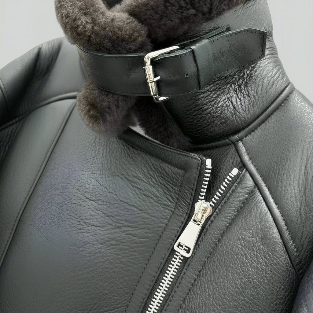 Closeup of our high quality warm leather jacket