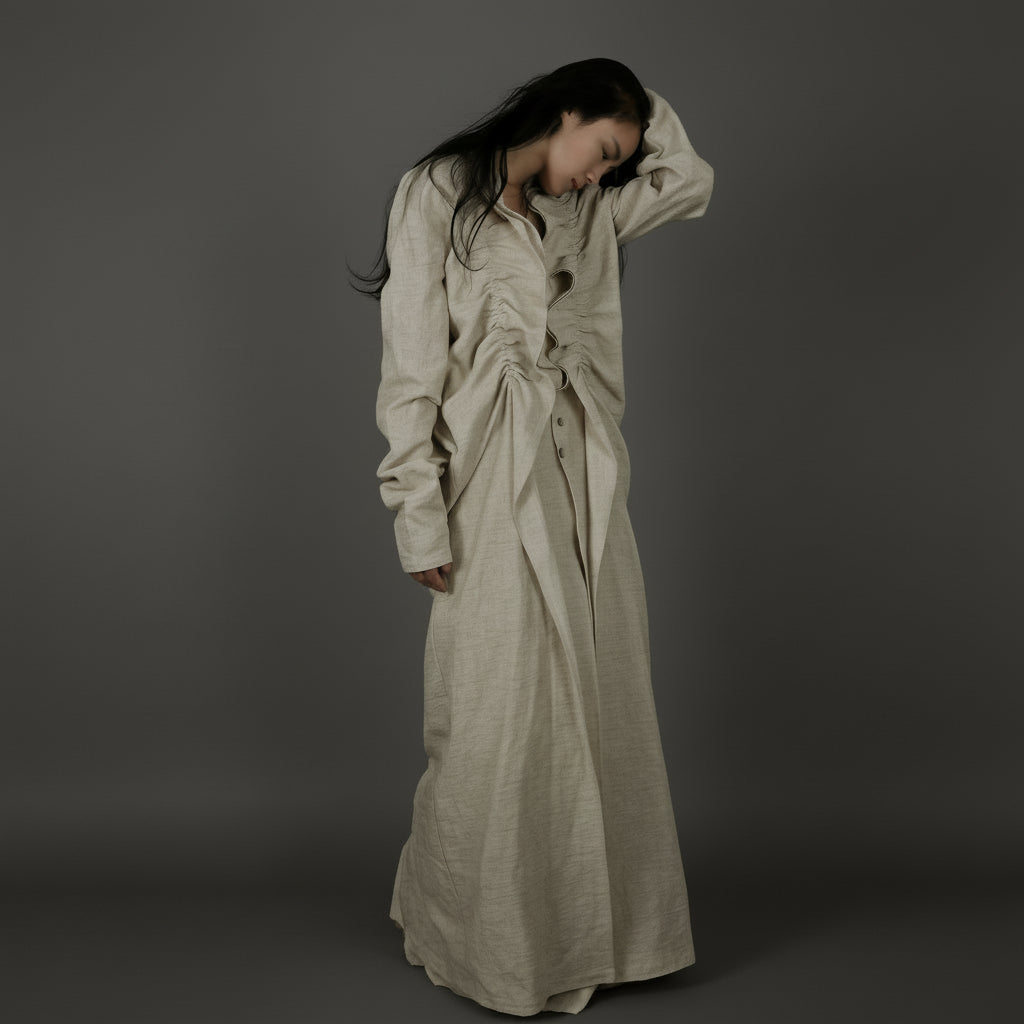 Bone Cotton & Linen Ruffle Abaya