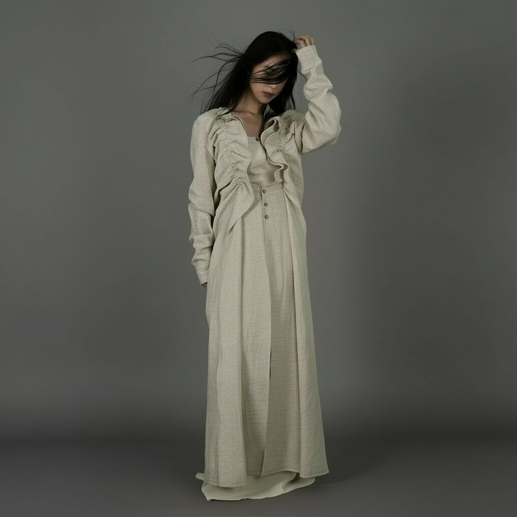 Bone Cotton & Linen Ruffle Abaya