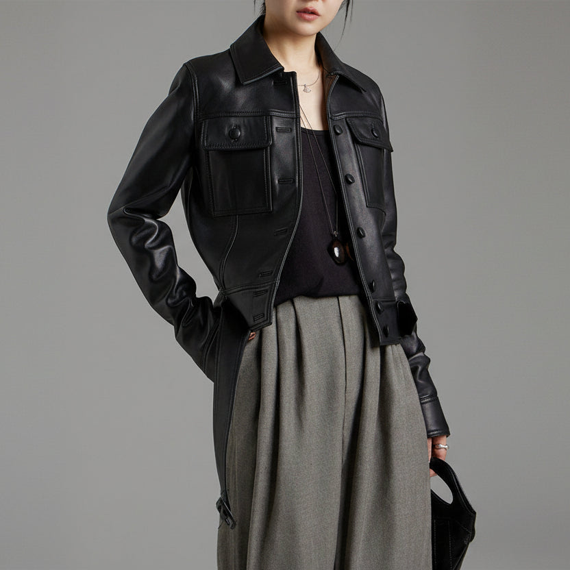 Cropped black lambskin leather jacket
