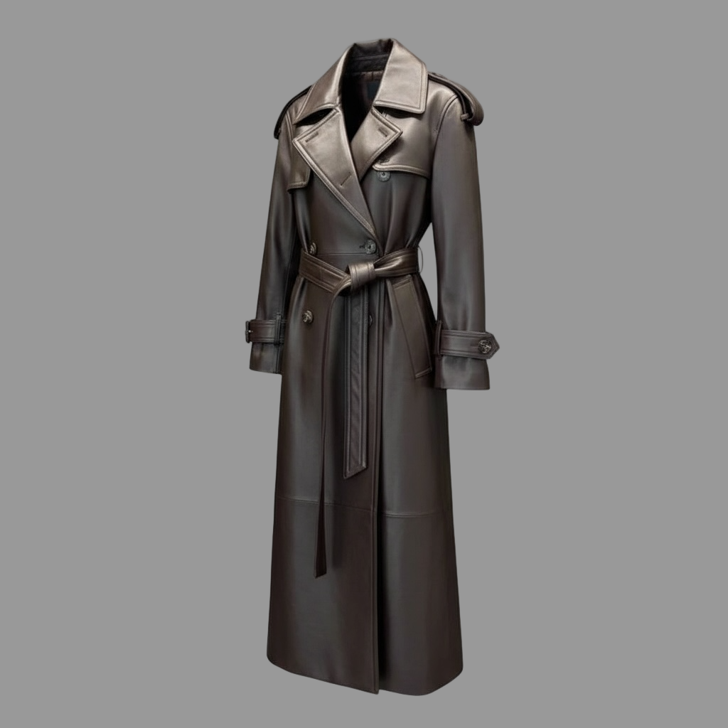 brown leather trench coat