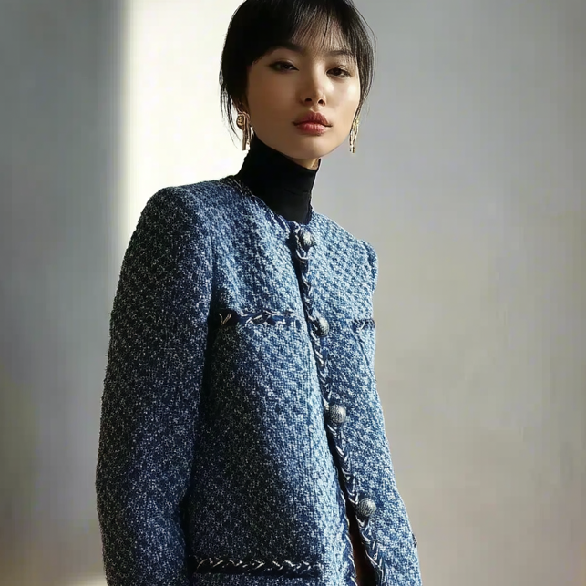 female tweed jacket in blue