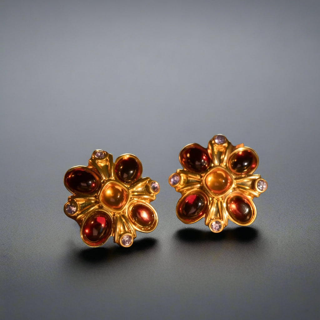 French Vintage Floral Stud Earrings, Crimson