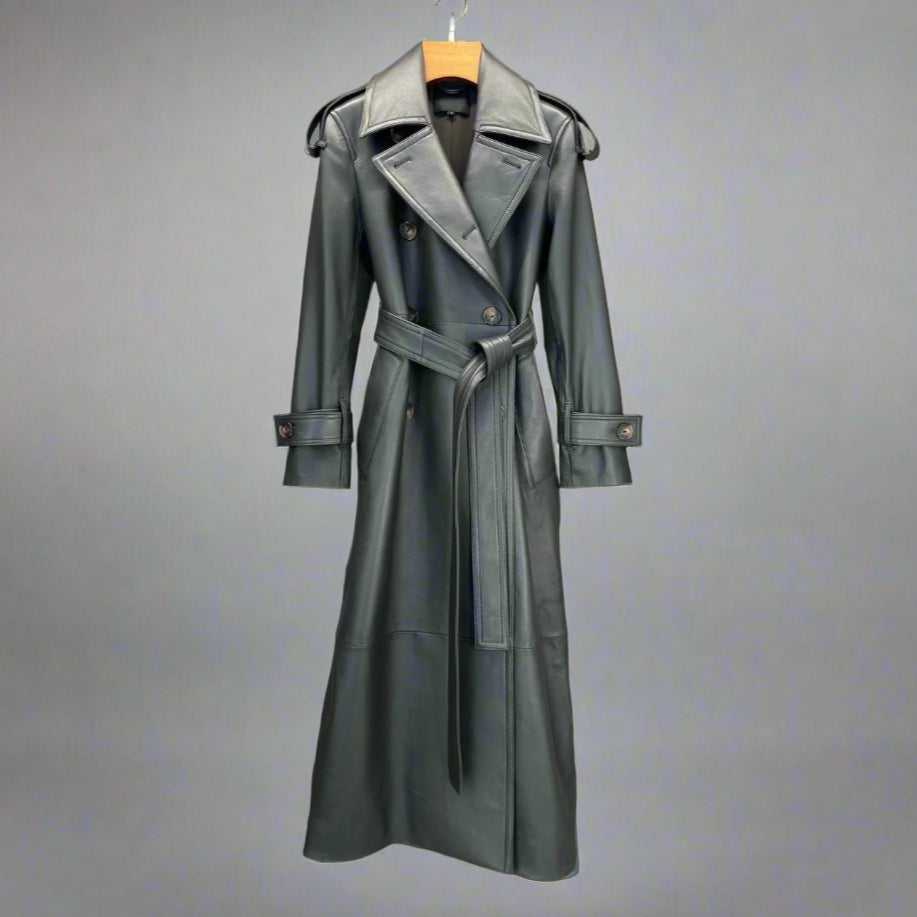 green leather trench coat