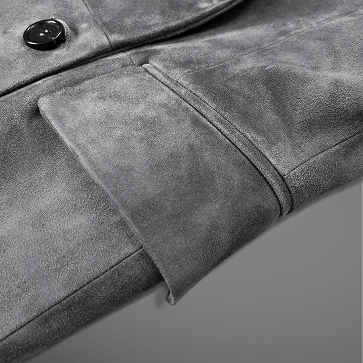 Turkish Suede Sheepskin Blazer & Pencil Skirt - Sculpted Set in Dusted Blue