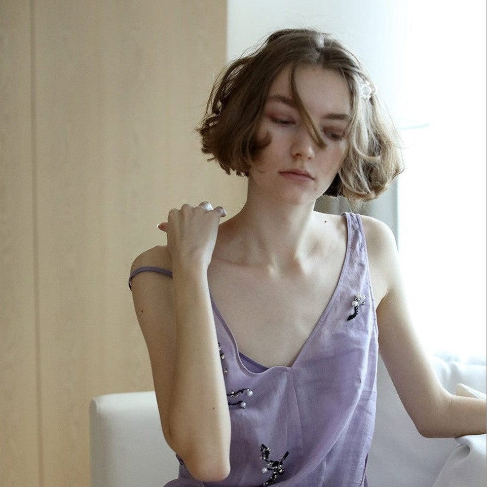 hand embroidered lilac ramie dress