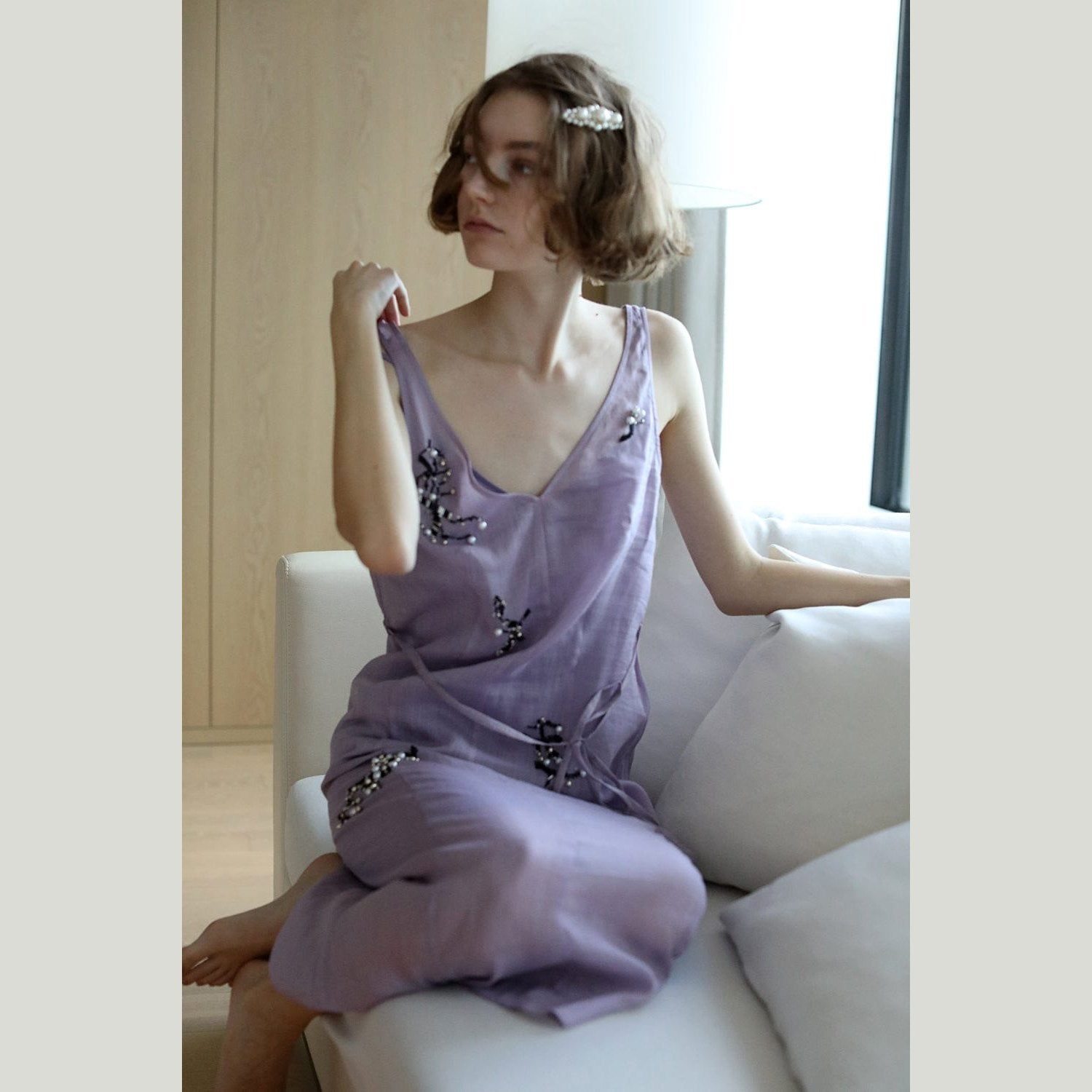 hand embroidered lilac ramie dress