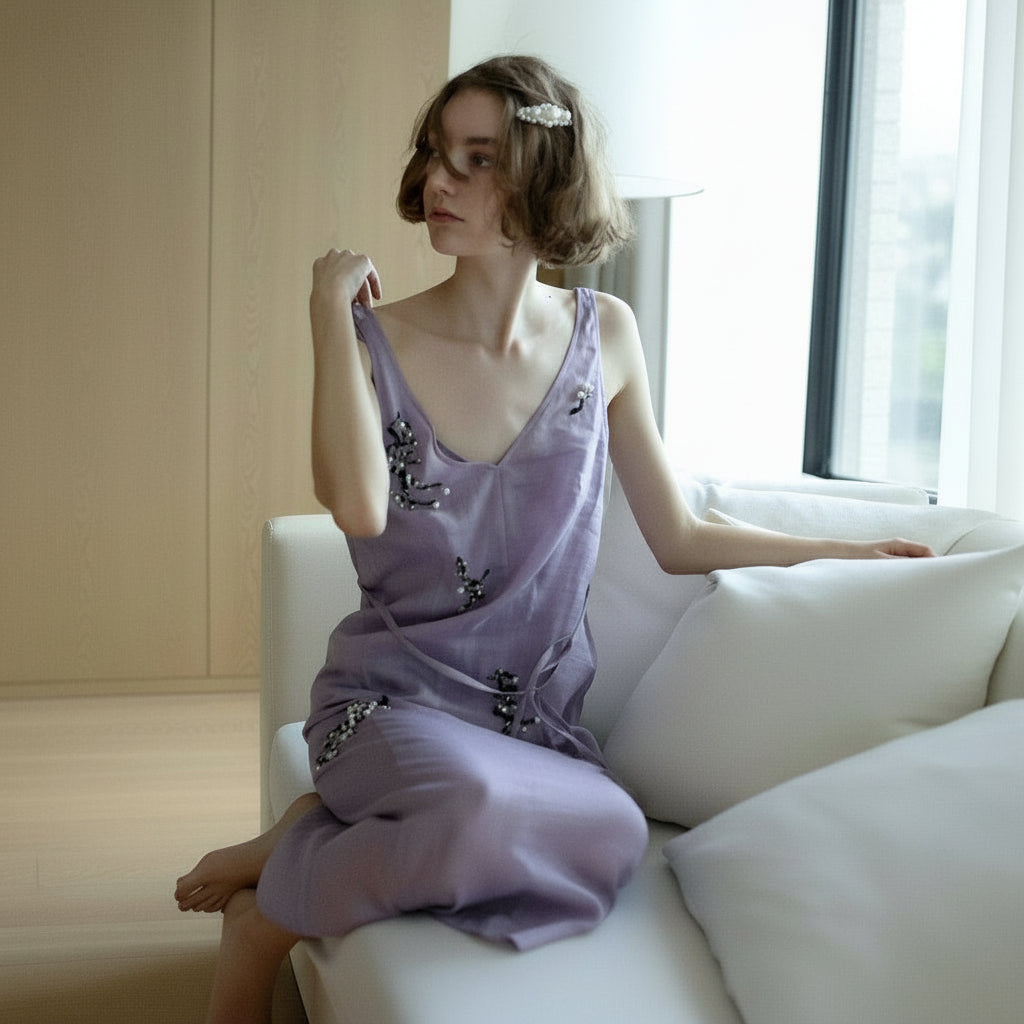 hand embroidered lilac ramie dress