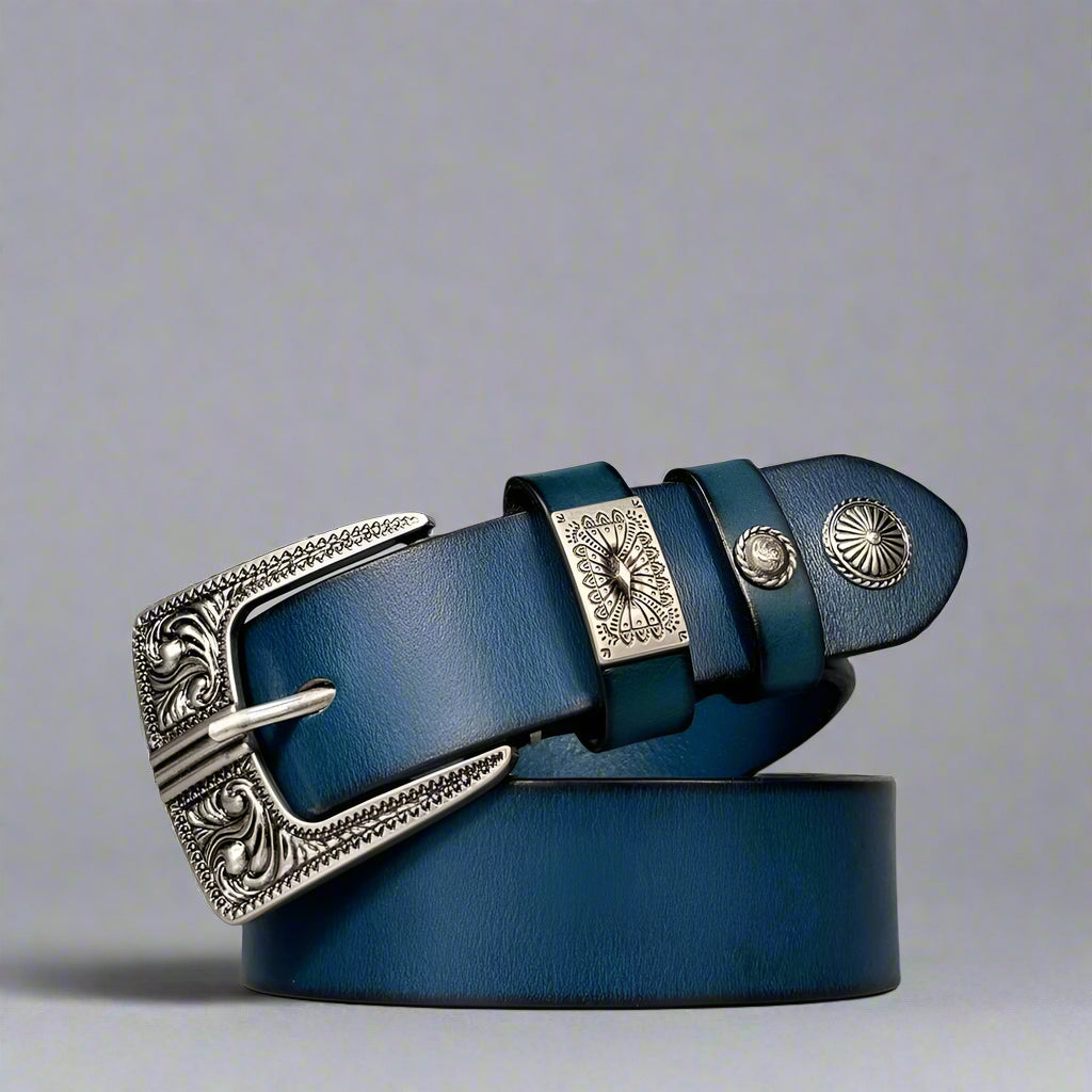 Handmade cerulean blue leather belt with an antique silver arabesque buckle