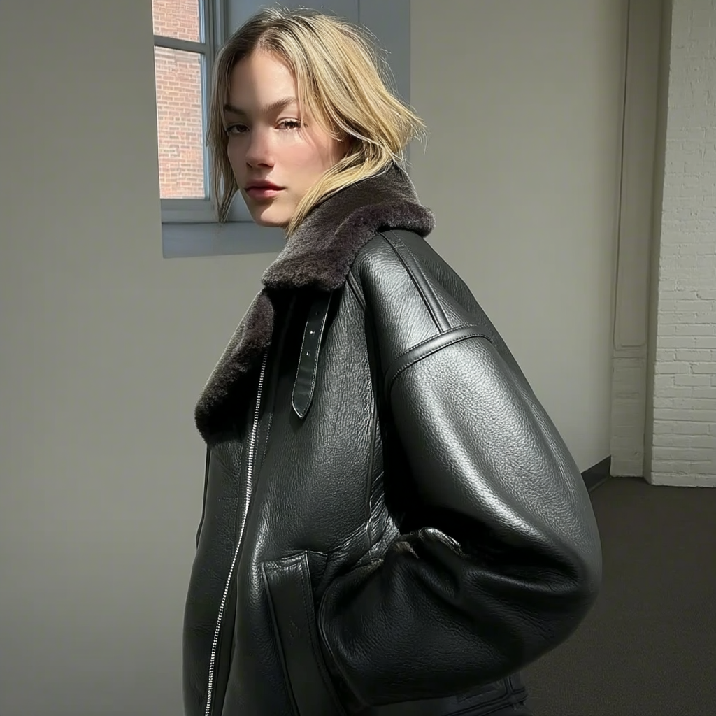 Oversized Plush Shearling Leather Bomber Jacket