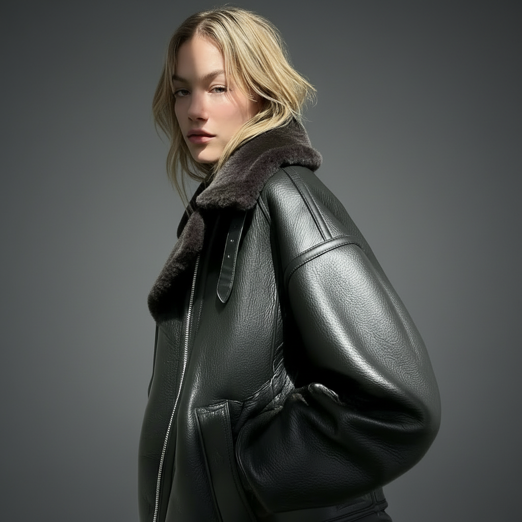 Oversized Plush Shearling Leather Bomber Jacket