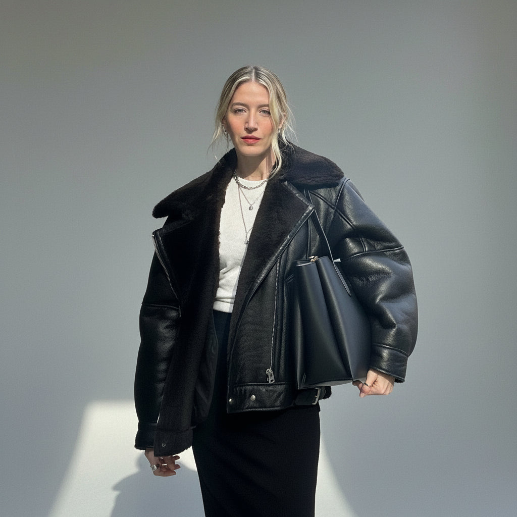 Oversized Plush Shearling Leather Bomber Jacket