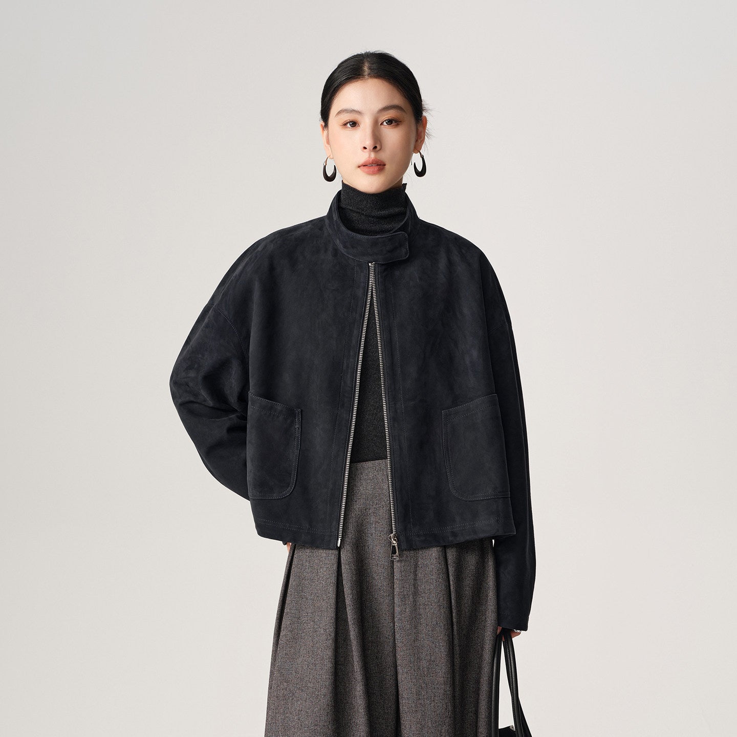 Sheepskin Suede Funnel-Neck Jacket