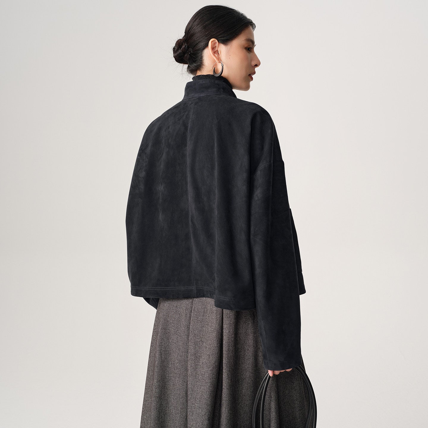 Sheepskin suede funnel-neck jacket, front