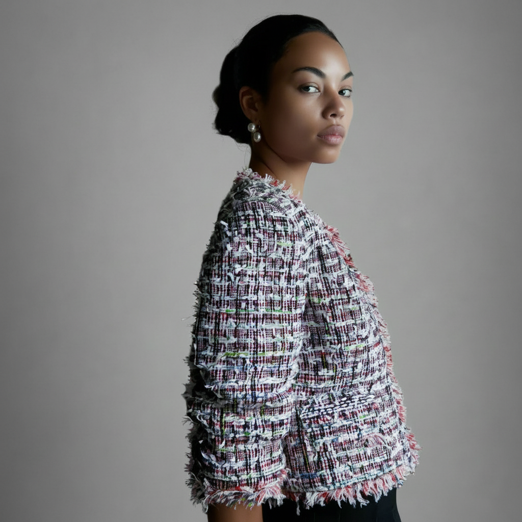 Navy and red Linton tweed jacket, front